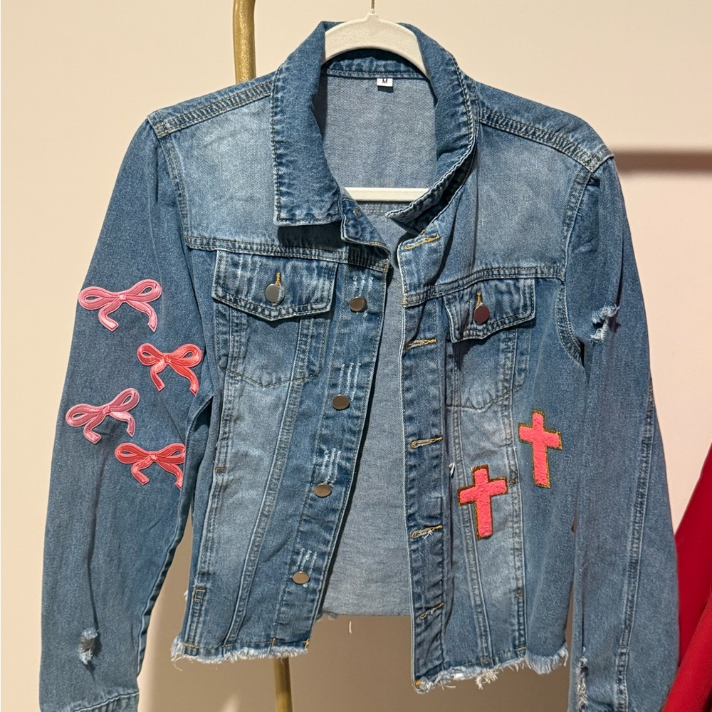 Denim Jacket with Pink Script Faith Embroidery - Picture 2 of 5